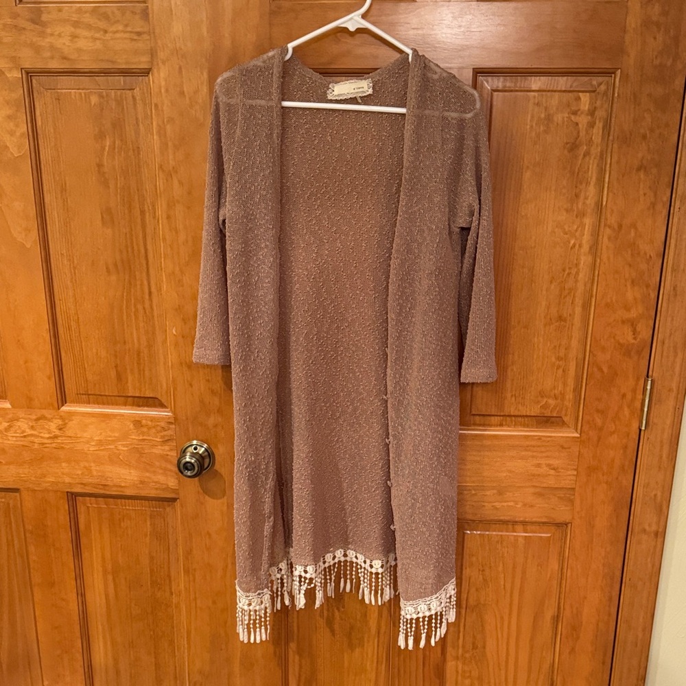 A'Reve Brown Long Cardigan with Cream Fringe